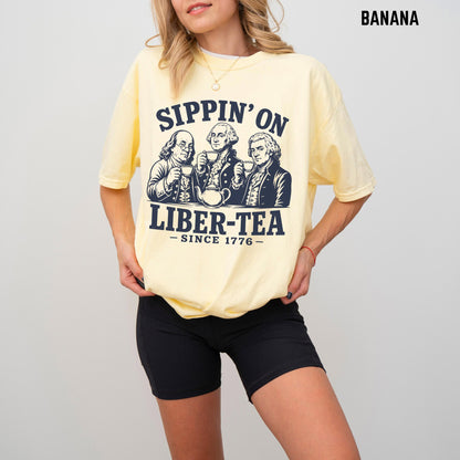 George Washington Sippin On Liber-Tea T-Shirt, Funny Patriotic Tea Party Shirt, 4th of July Tee, Founding Fathers T Shirt, Liberty Pun Tee