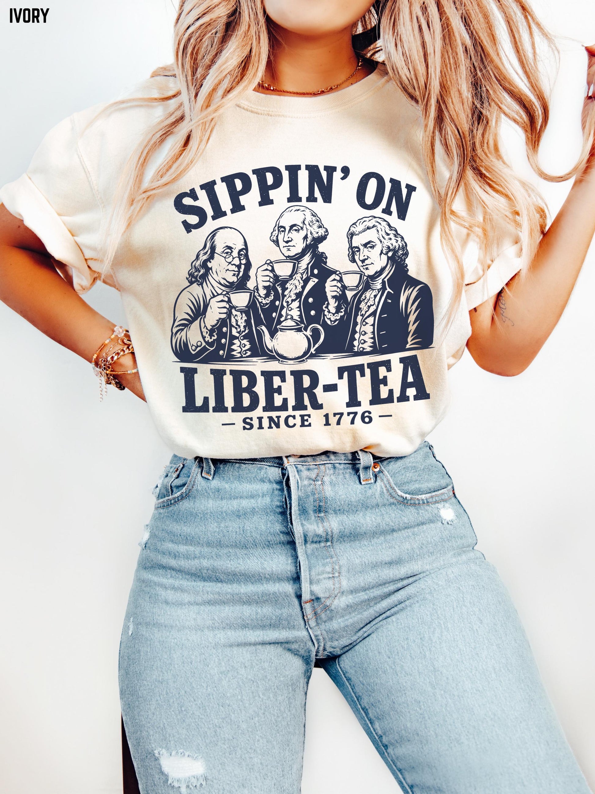 George Washington Sippin On Liber-Tea T-Shirt, Funny Patriotic Tea Party Shirt, 4th of July Tee, Founding Fathers T Shirt, Liberty Pun Tee
