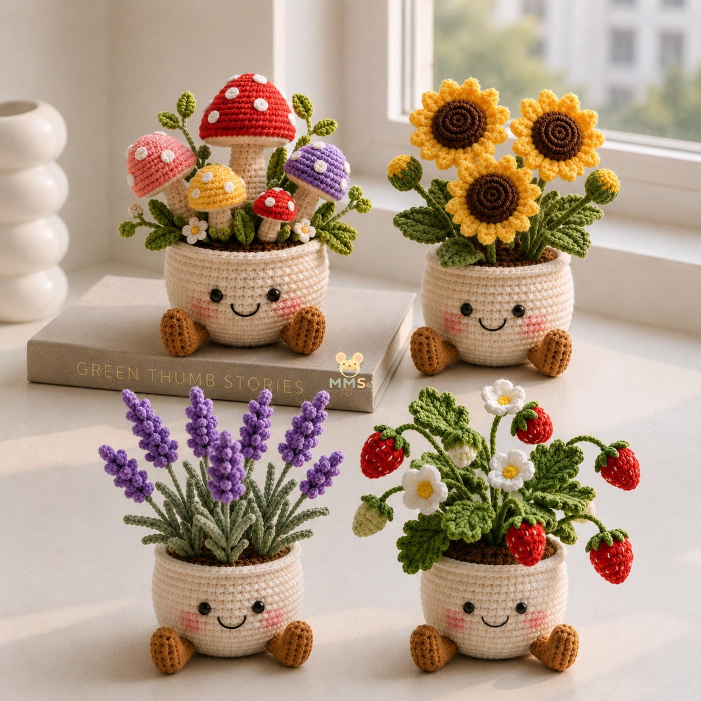 Crochet Flower Pot Set with Mushroom Sunflower Lavender Strawberry Rose Tulip Designs