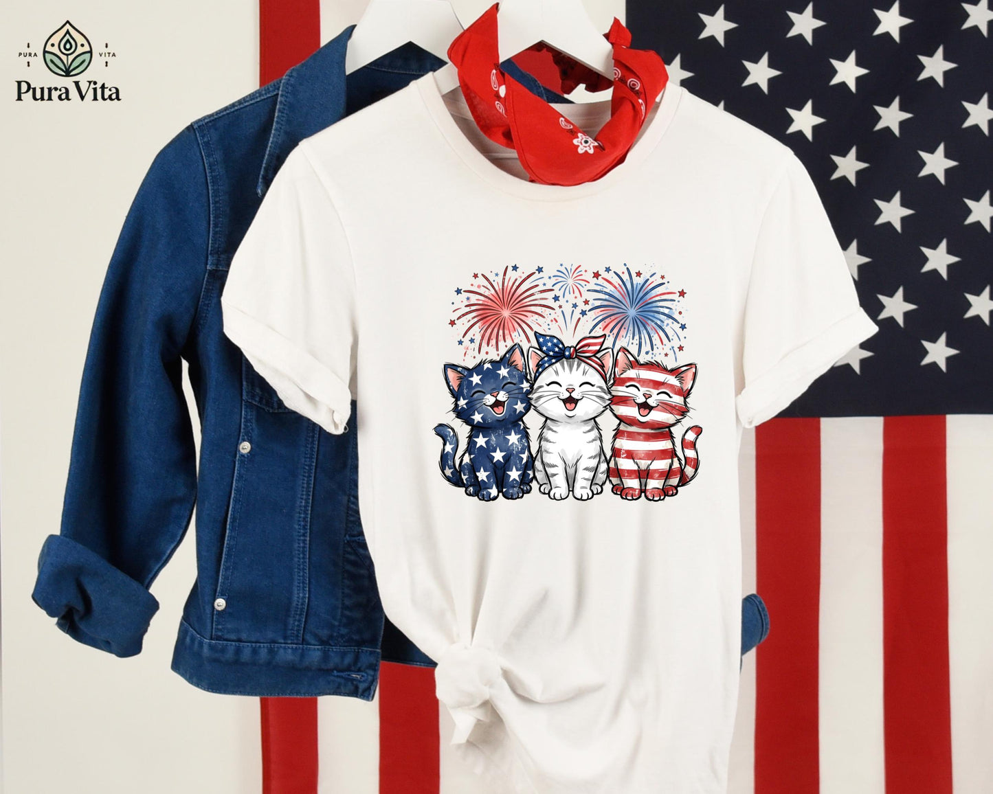 Patriotic Cats T-Shirt, American Flag Kittens, 4th of July Outfit