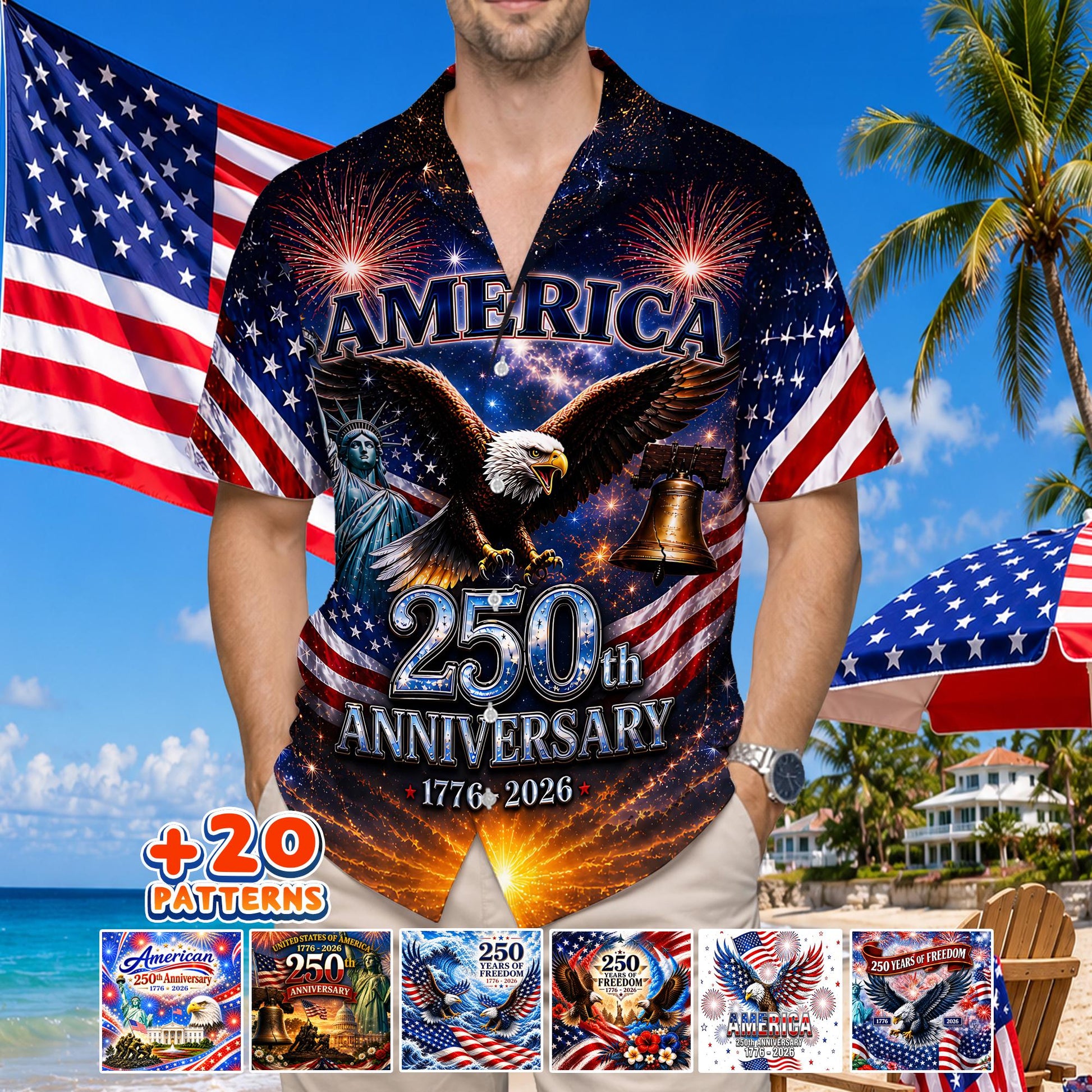 250th Anniversary of America Hawaiian Shirt, Patriotic Eagle Print, 1776-2026 Freedom Style, Independence Day Shirt Gifts for Father's Day