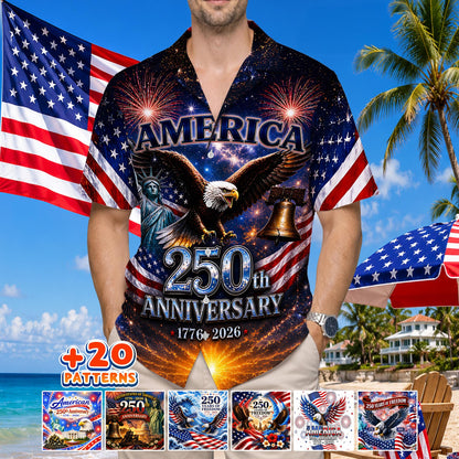250th Anniversary of America Hawaiian Shirt, Patriotic Eagle Print, 1776-2026 Freedom Style, Independence Day Shirt Gifts for Father's Day