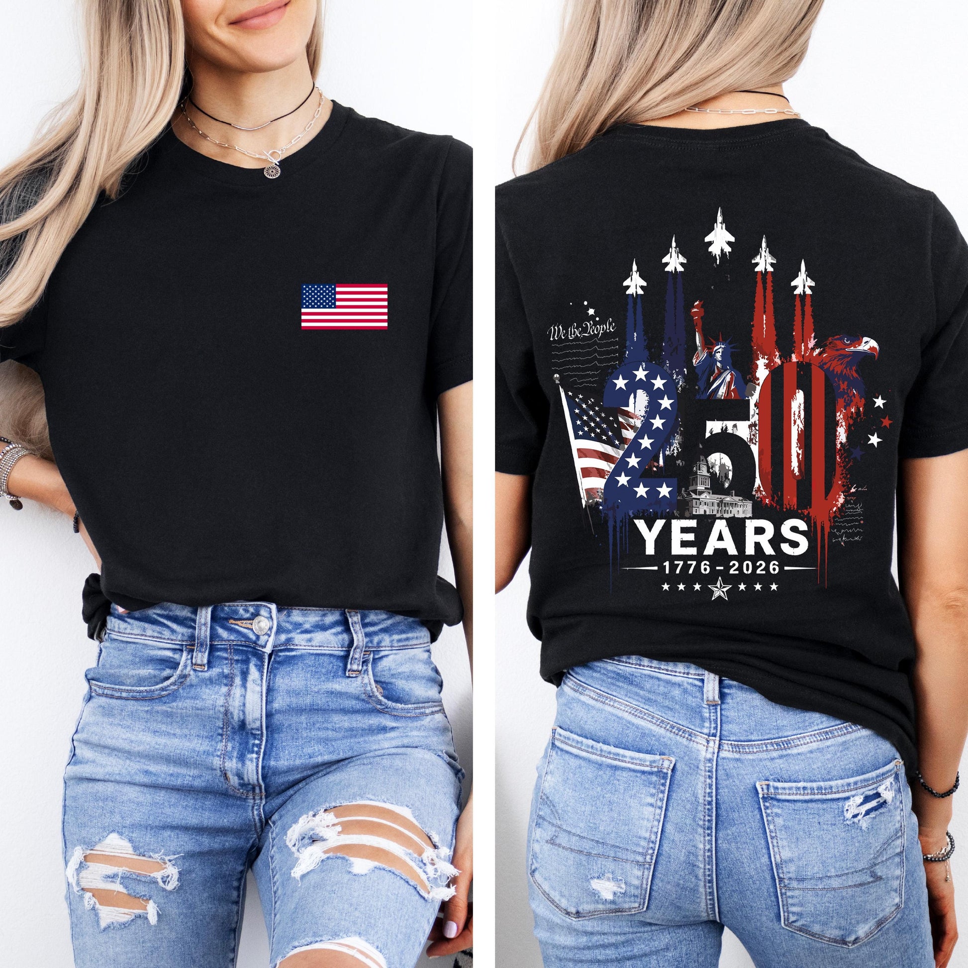 America 250 Shirt, 1776 to 2026 Fighter Jet Tee, Front and Back Print Patriotic Top, 4th of July Shirt, 250 Years of Freedom, USA Graphic