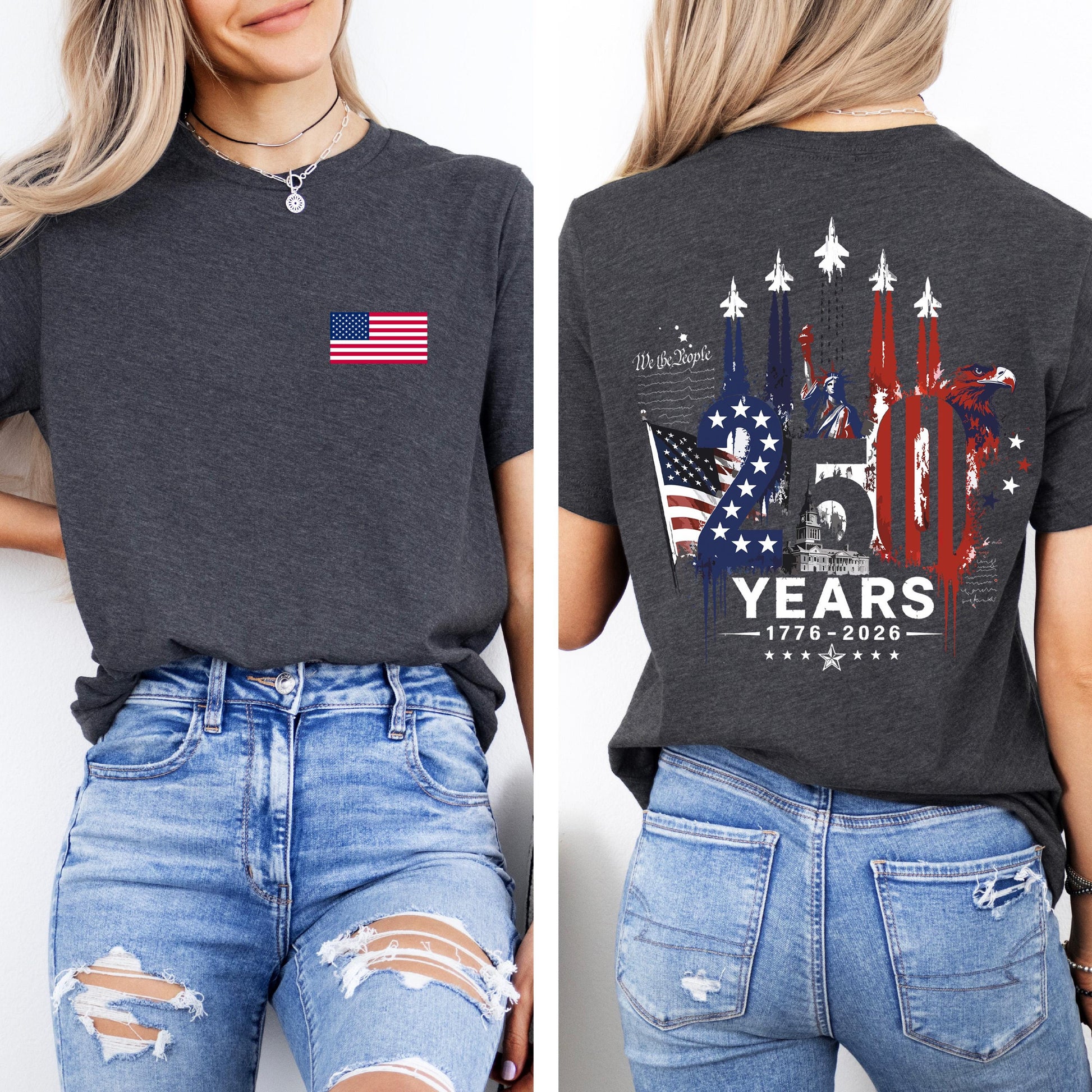 America 250 Shirt, 1776 to 2026 Fighter Jet Tee, Front and Back Print Patriotic Top, 4th of July Shirt, 250 Years of Freedom, USA Graphic