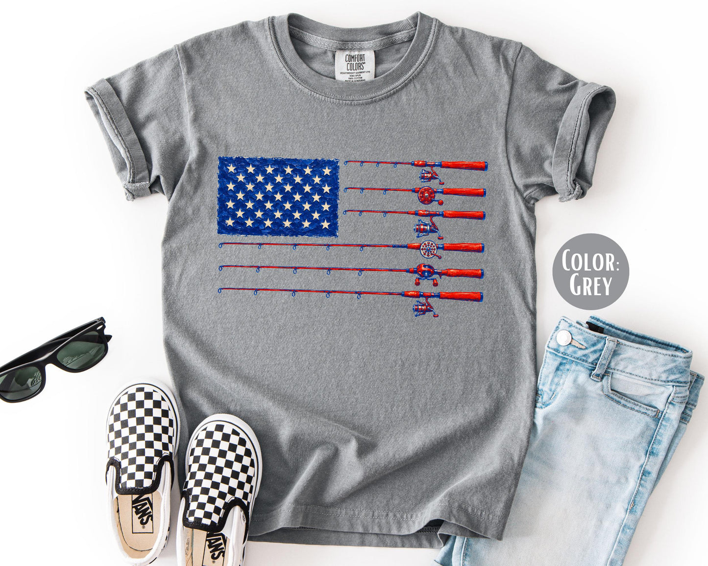 Comfort Colors Mens Fishing American Flag Shirt, 4th of July Fishing Shirts