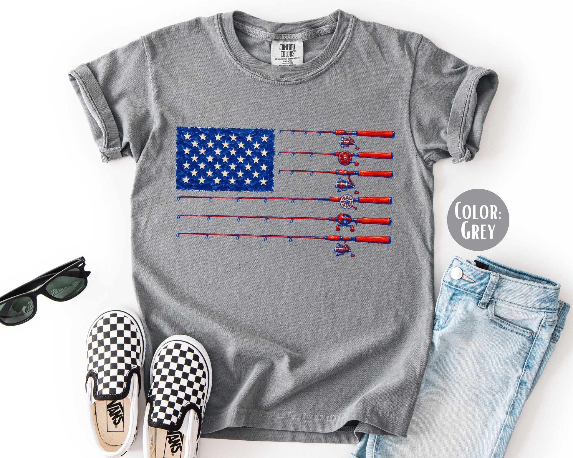 Comfort Colors Mens Fishing American Flag Shirt, 4th of July Fishing Shirts