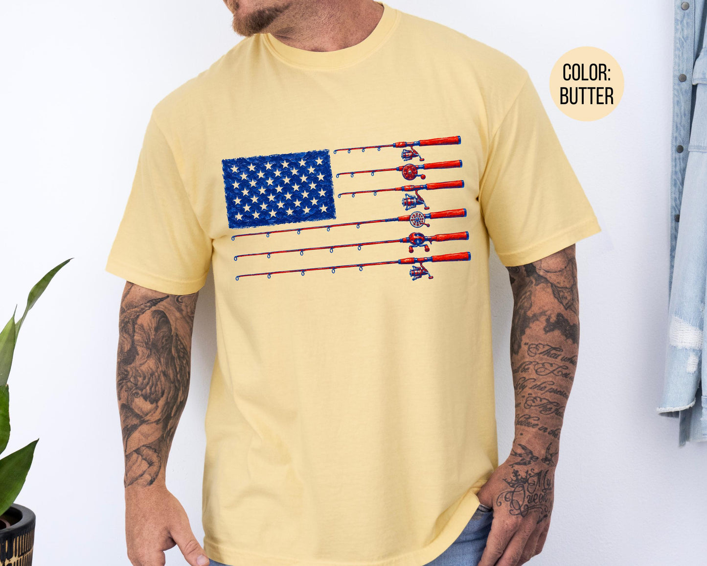 Comfort Colors Mens Fishing American Flag Shirt, 4th of July Fishing Shirts