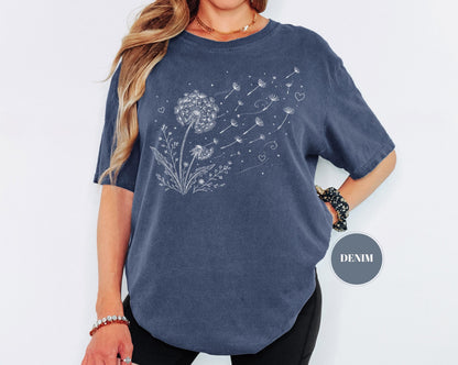 Dandelion Wildflower Comfort Colors® T-Shirt, Boho Floral Tshirt, Wish Flower Graphic Tee, Cottagecore Nature Gift, Whimsical Botanical Top