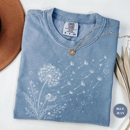 Dandelion Wildflower Comfort Colors® T-Shirt, Boho Floral Tshirt, Wish Flower Graphic Tee, Cottagecore Nature Gift, Whimsical Botanical Top