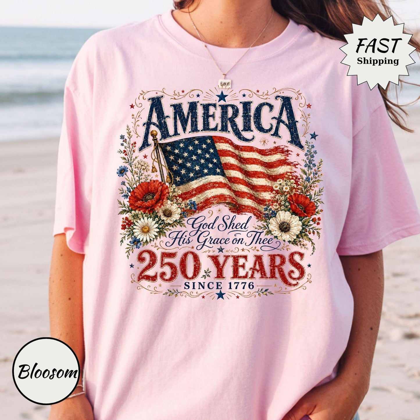 Comfort Colors® 250 Years Flag & Poppies Shirt, Patriotic Floral T-Shirt, God Shed His Grace on Thee Tee, 250th Anniversary Shirt