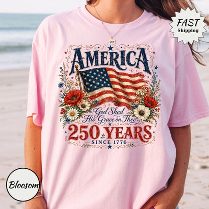 Comfort Colors® 250 Years Flag & Poppies Shirt, Patriotic Floral T-Shirt, God Shed His Grace on Thee Tee, 250th Anniversary Shirt