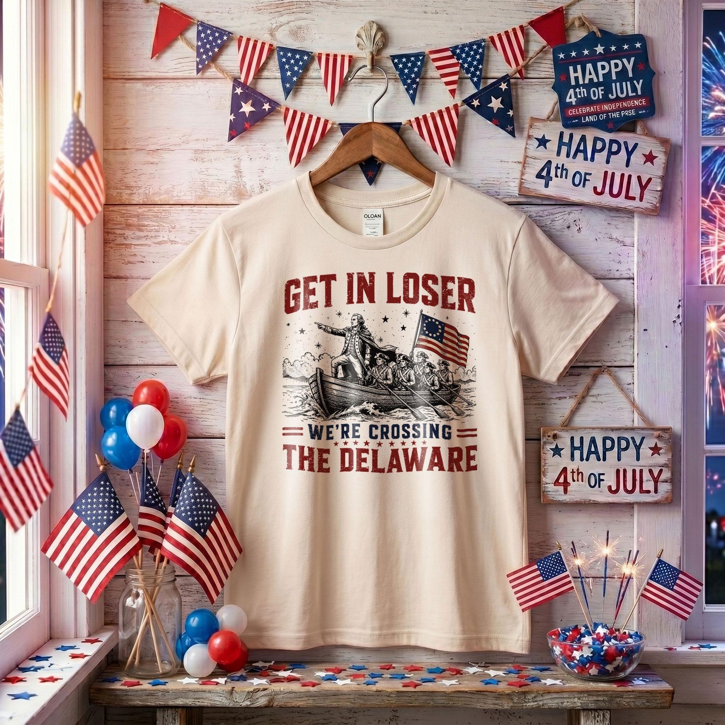 Get In Loser We're Crossing The Delaware Shirt, Funny George Washington Tee, 4th of July 250th Anniversary T-Shirt, Patriotic History Meme