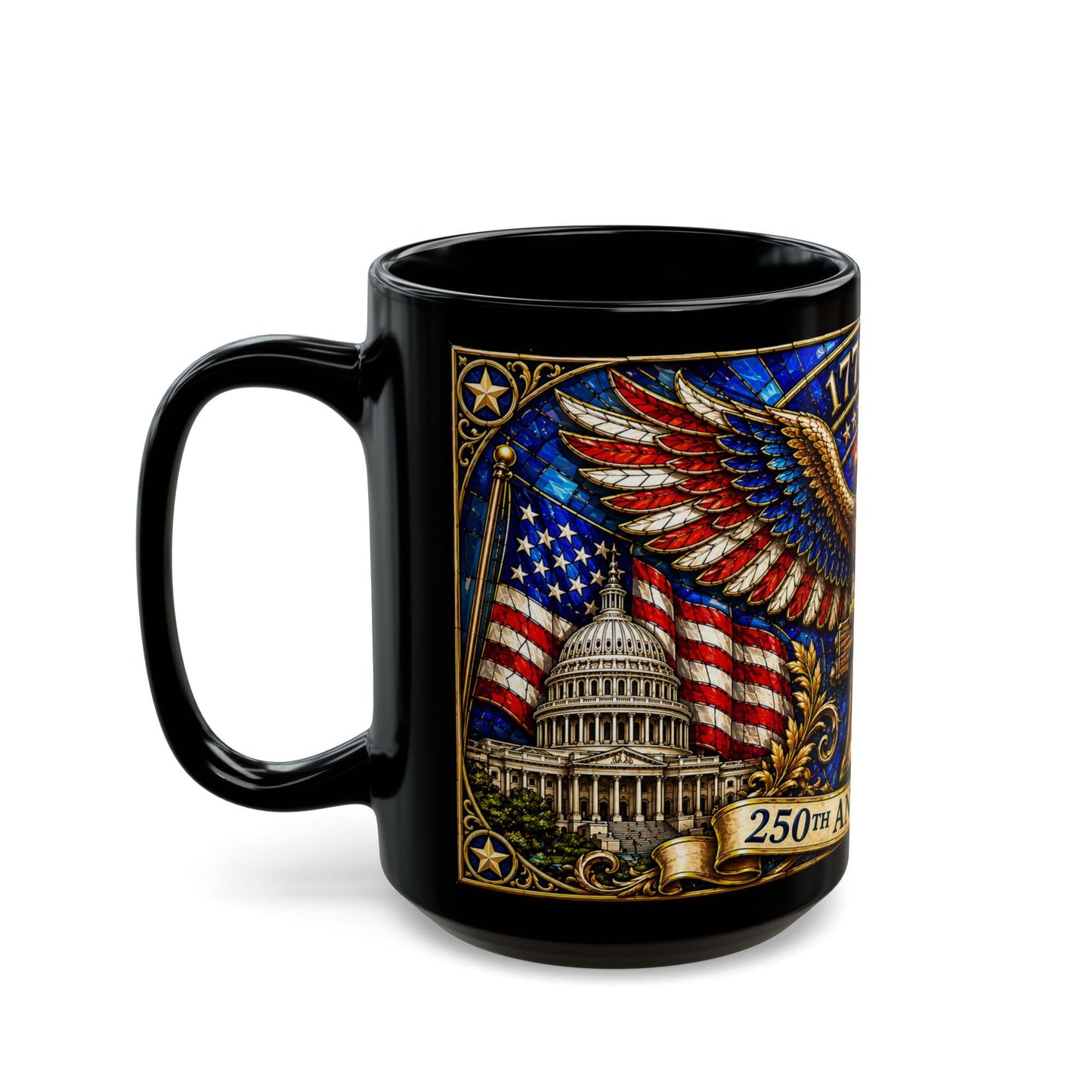 1776-2026 America 250th Anniversary Mug, We The People Patriotic Mug, USA Coffee Cup, Black Dad Gift, Stained Glass Effect 15oz Mug