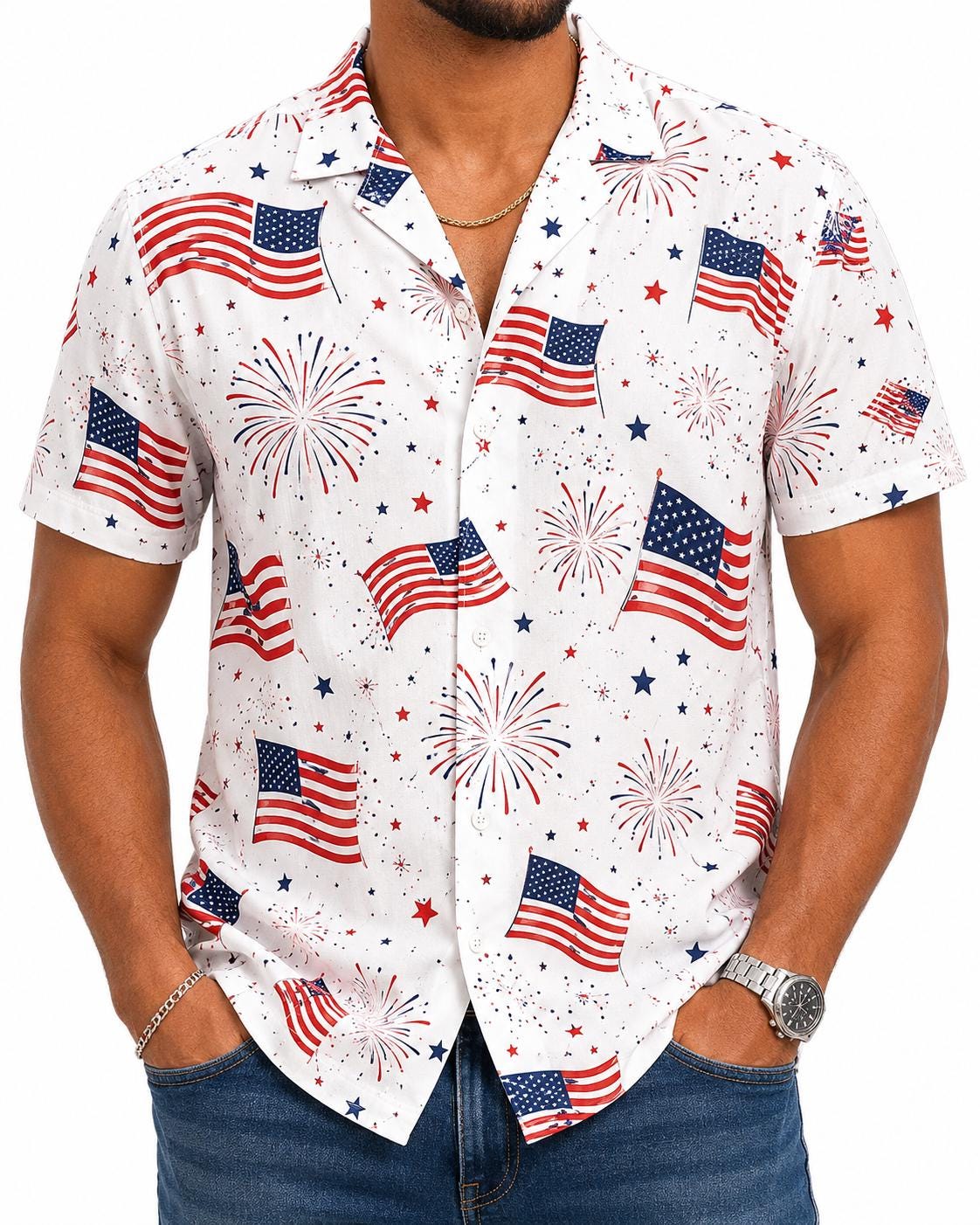 Patriotic American Flag Hawaiian Shirt, USA Firework Button Up Shirt, 4th of July Beach Shirt, Men Summer Vacation Outfit