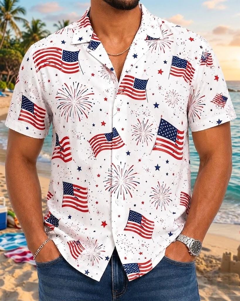 Patriotic American Flag Hawaiian Shirt, USA Firework Button Up Shirt, 4th of July Beach Shirt, Men Summer Vacation Outfit