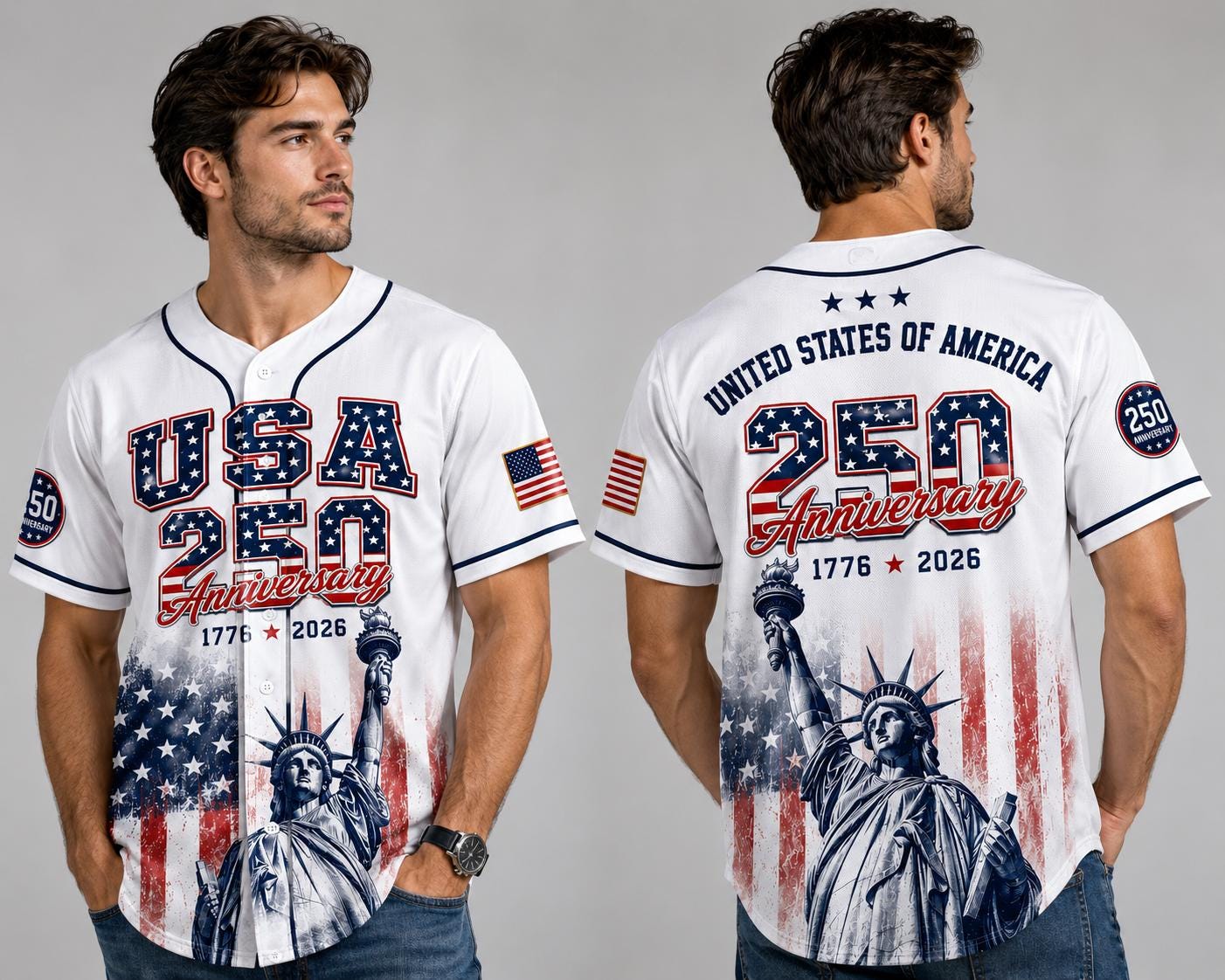 USA 250th Anniversary Baseball Jersey, Patriotic Statue of Liberty Print Shirt, America 1776–2026 Shirt, Fourth of July Gift for Him