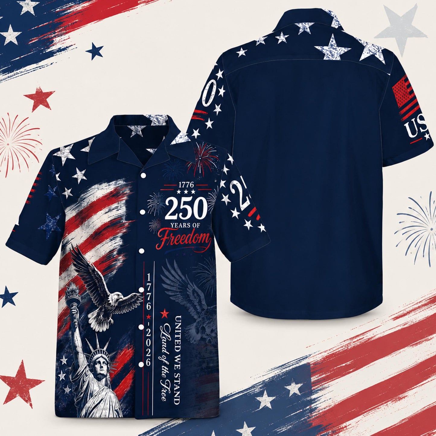 USA 250th Anniversary Mens Hawaiian Shirt, Retro American Flag Button Down, Patriotic 1776-2026 Independence Day Apparel