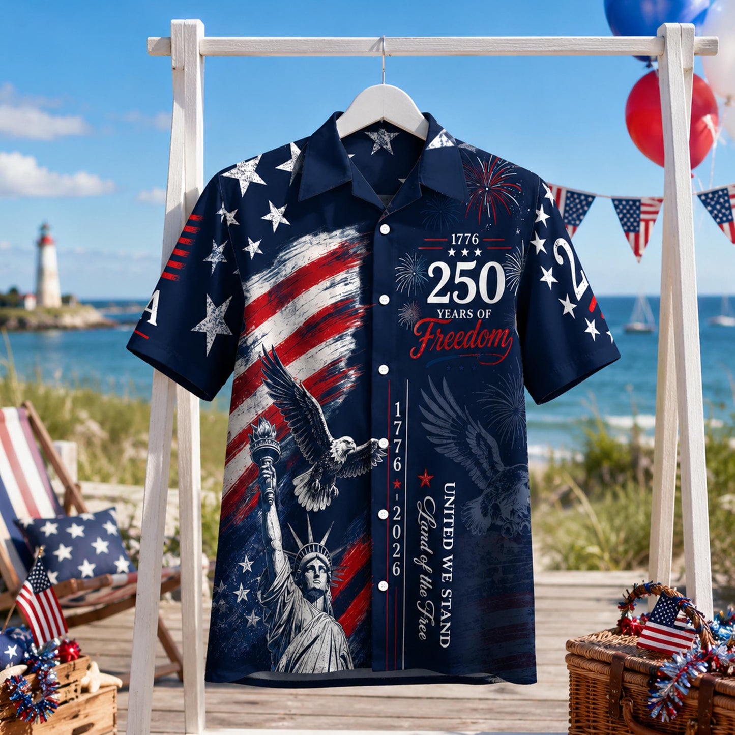 USA 250th Anniversary Mens Hawaiian Shirt, Retro American Flag Button Down, Patriotic 1776-2026 Independence Day Apparel