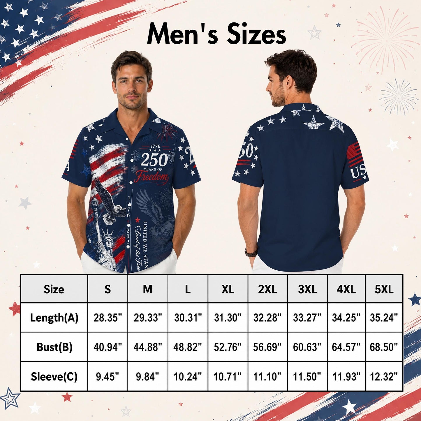 USA 250th Anniversary Mens Hawaiian Shirt, Retro American Flag Button Down, Patriotic 1776-2026 Independence Day Apparel