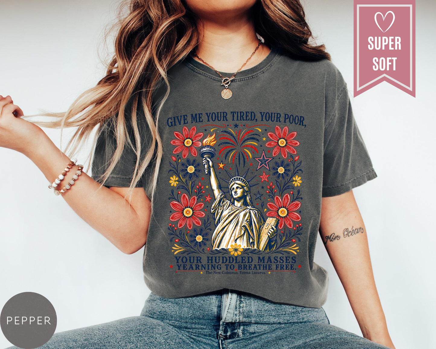 Comfort Colors® Statue of Liberty Shirt, Liberal 4th of July Protest T-Shirt, Freedom Clothes, USA Floral Clothing Apparel, American Tees