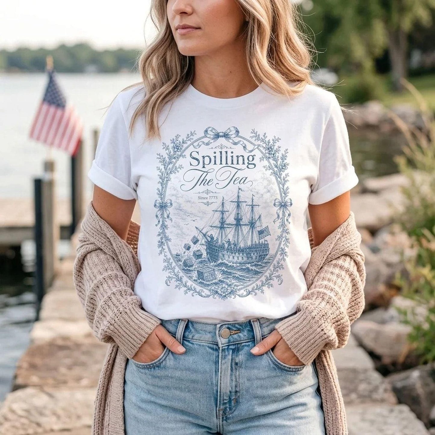 Vintage Blue Toile Spilling The Tea Since 1773 Shirt,4th of July Party TShirt, 250th Anniversary USA Patriotic Shirt, Independence Day Tee