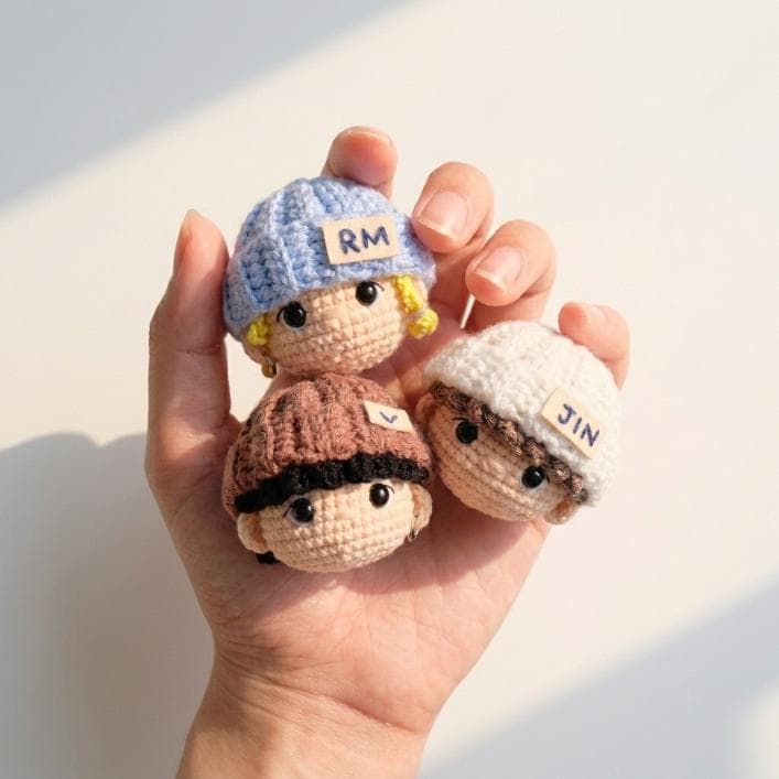 Kpop Band Crochet Doll Keychain Set, Handmade Kpop Band Plush Mini Dolls, Cute Members of KPop Group Gift, Fanmade Keyring Accessories