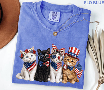 Comfort Colors Patriotic Cat Shirt, 4th Of July Cat Lover Tee, USA Flag Kitten Shirt, USA 250th American Cat Mom Gift Shirt For Women Kids