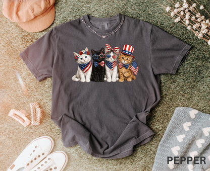 Comfort Colors Patriotic Cat Shirt, 4th Of July Cat Lover Tee, USA Flag Kitten Shirt, USA 250th American Cat Mom Gift Shirt For Women Kids