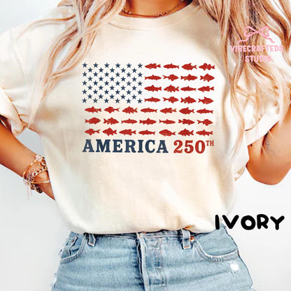 America 250th Fishing Flag Comfort Colors Shirt, USA 250 Years Fishing Tee, Patriotic Fisherman Unisex T-Shirt, 4th of July Angler Gift