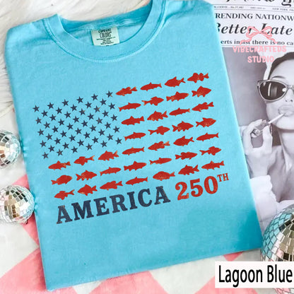 America 250th Fishing Flag Comfort Colors Shirt, USA 250 Years Fishing Tee, Patriotic Fisherman Unisex T-Shirt, 4th of July Angler Gift
