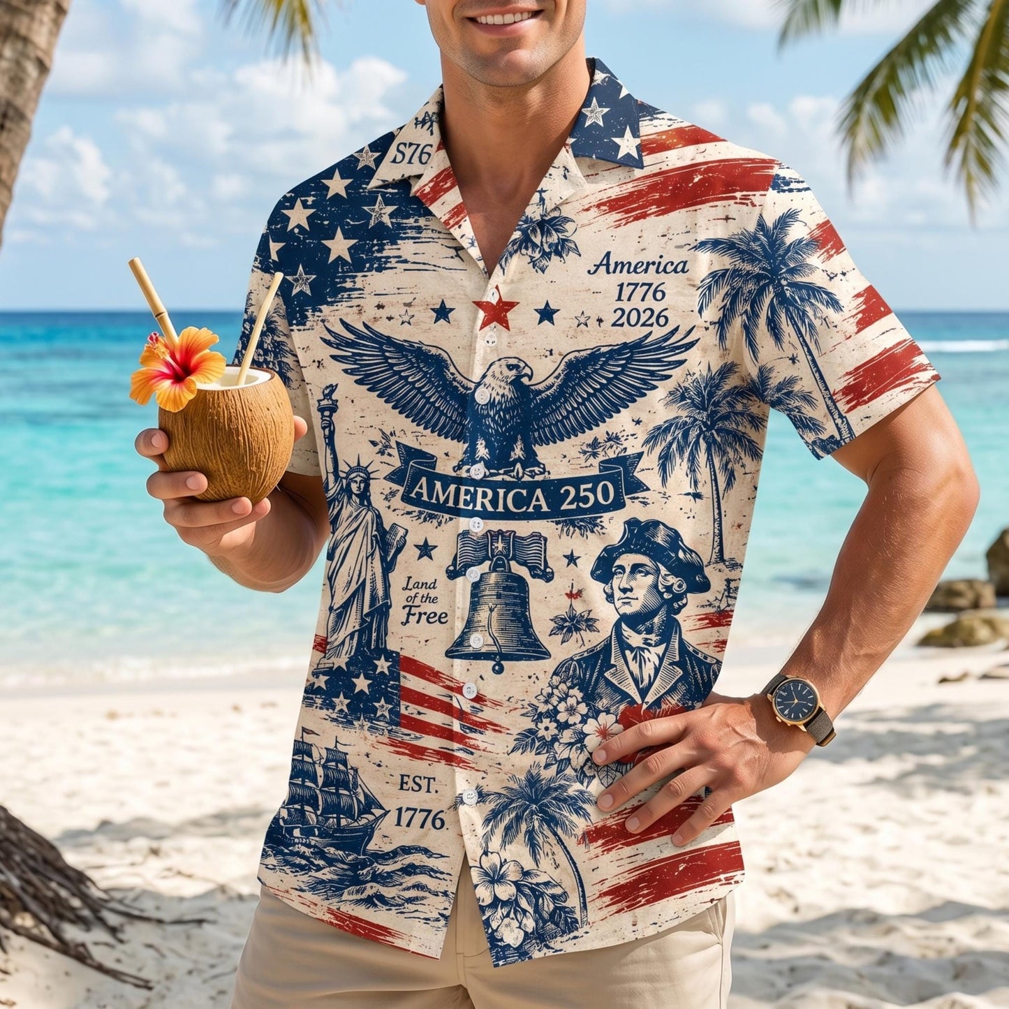 America 250 Hawaiian Shirt 1776-2026, Patriotic Button Down Shirt, Vintage USA Independence Day Shirt