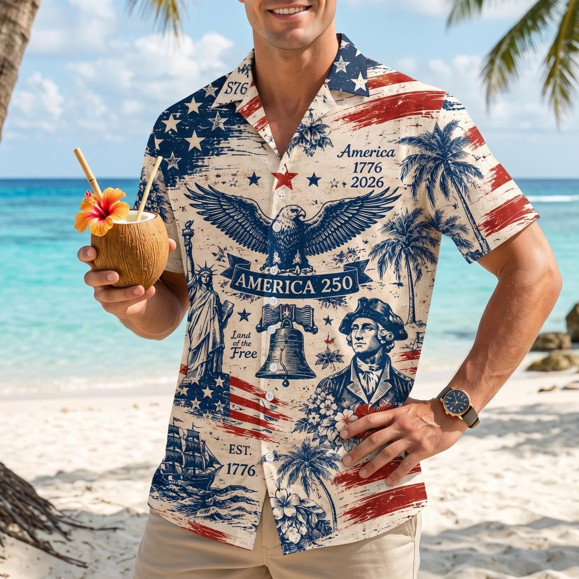 America 250 Hawaiian Shirt 1776-2026, Patriotic Button Down Shirt, Vintage USA Independence Day Shirt