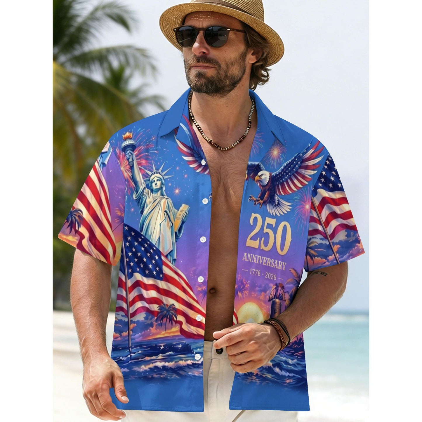 Men's Hawaiian Shirt America's Freedom 250th Anniversary,1776-2026 Patriotic Short Sleeve Button Down Vintage Shirt,United States 250 Years