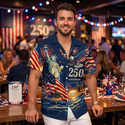 Men's Hawaiian Shirt America's Freedom 250th Anniversary,1776-2026 Patriotic Short Sleeve Button Down Vintage Shirt,United States 250 Years
