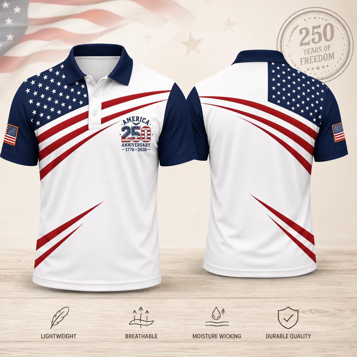 America 250 Anniversary Polo Shirt 1776–2026 Patriotic Golf Shirt, USA Flag Independence Day Polo, Fourth of July American Pride Shirt