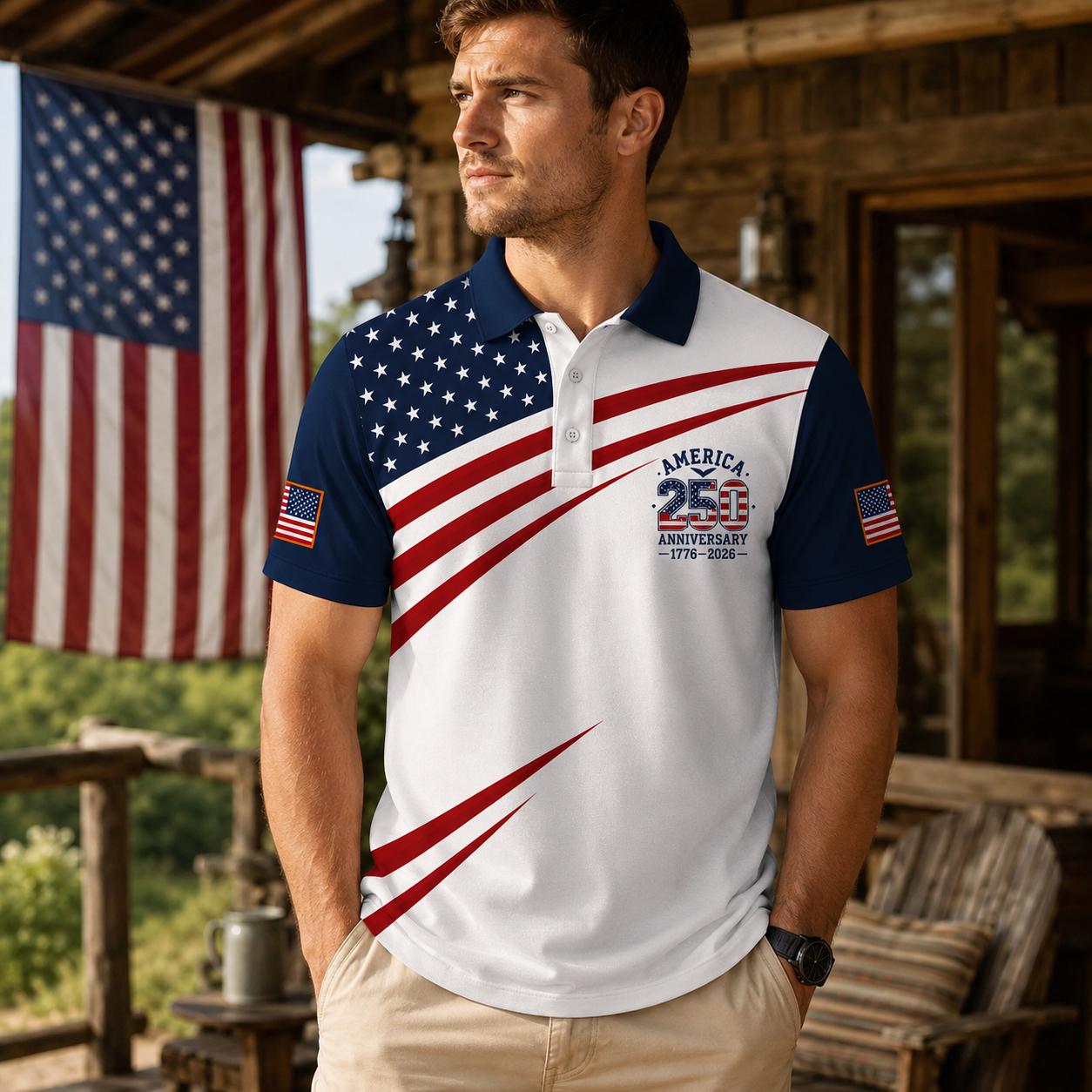America 250 Anniversary Polo Shirt 1776–2026 Patriotic Golf Shirt, USA Flag Independence Day Polo, Fourth of July American Pride Shirt