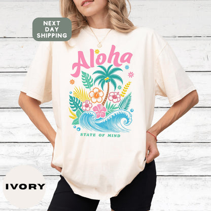 Comfort Colors® Aloha Shirt Retro Hawaii Graphic Tee Island Vibes Hula Girl T-Shirt Summer Beach Vacation Top State of Mind