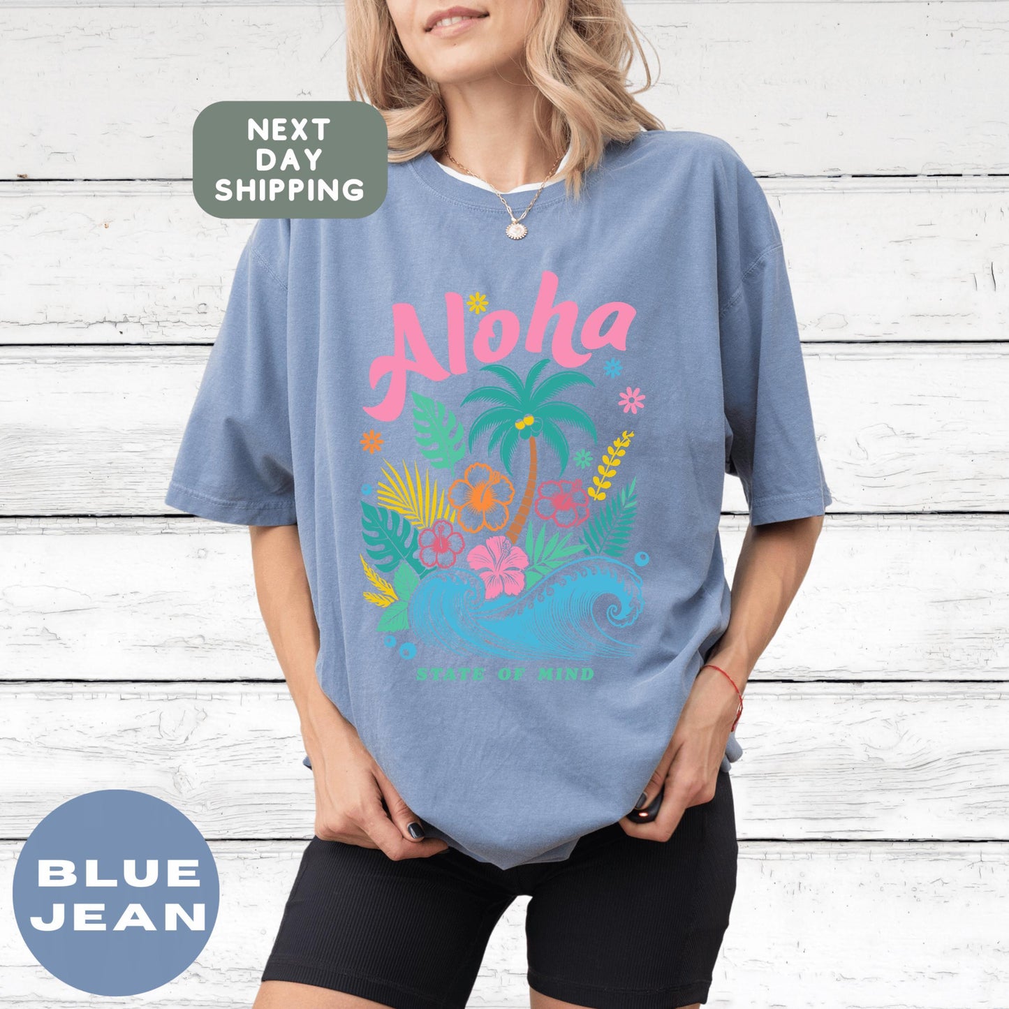Comfort Colors® Aloha Shirt Retro Hawaii Graphic Tee Island Vibes Hula Girl T-Shirt Summer Beach Vacation Top State of Mind
