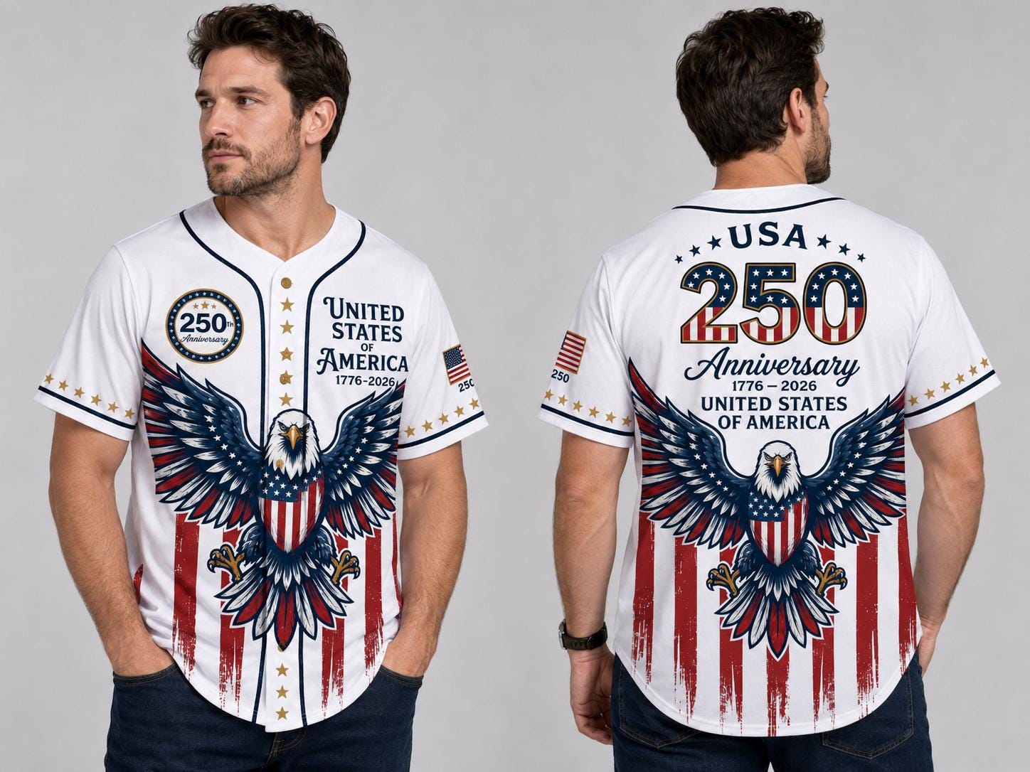 United States of America 250th Anniversary Jersey, USA Eagle Baseball Shirt 1776 2026, White Patriotic Men Gift, 4th of July 2026 Tee