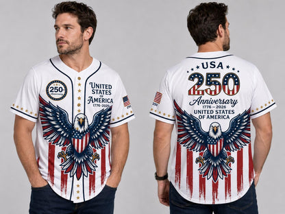 United States of America 250th Anniversary Jersey, USA Eagle Baseball Shirt 1776 2026, White Patriotic Men Gift, 4th of July 2026 Tee