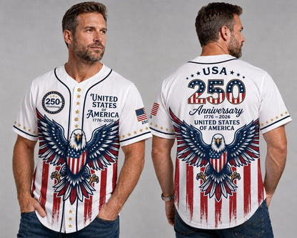 United States of America 250th Anniversary Jersey, USA Eagle Baseball Shirt 1776 2026, White Patriotic Men Gift, 4th of July 2026 Tee