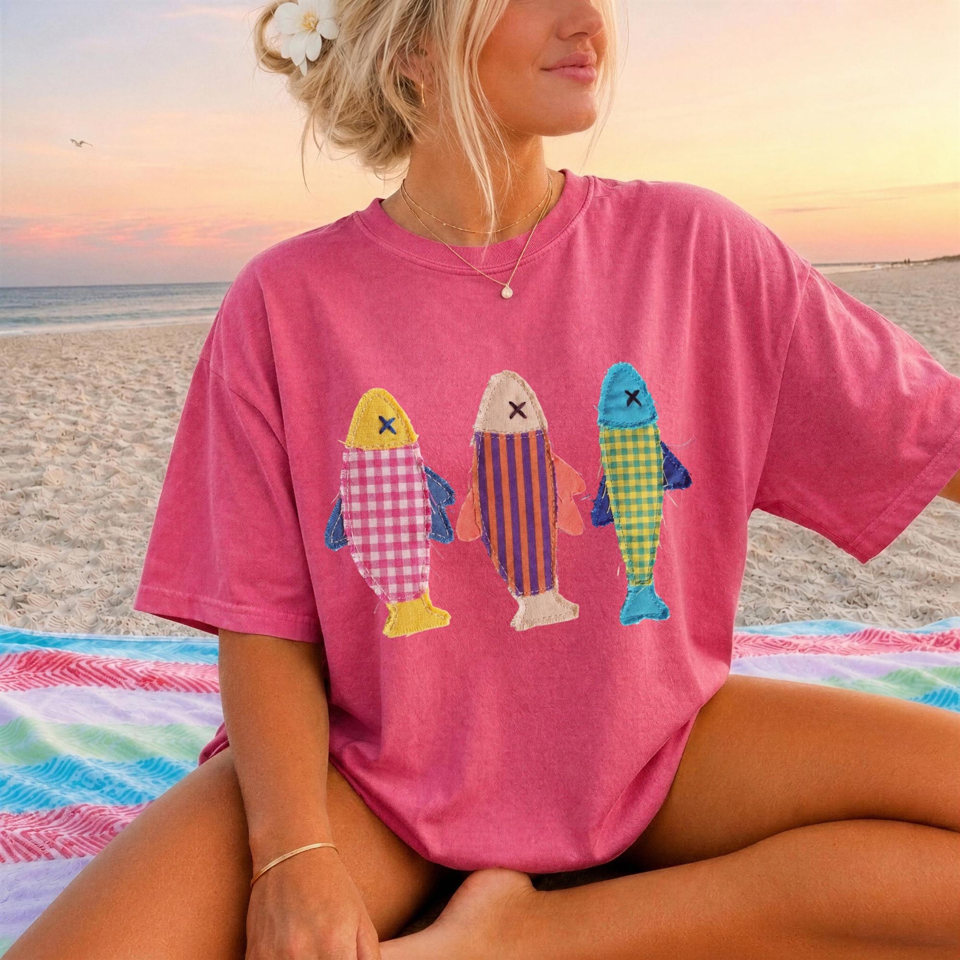 Comfort Colors® Summer Fish shirt, Patchwork Quilted fis tee, Sardine Beach shirt, Vintage Aesthetic Tee. Cool Womens shirt. Summer Shirt.