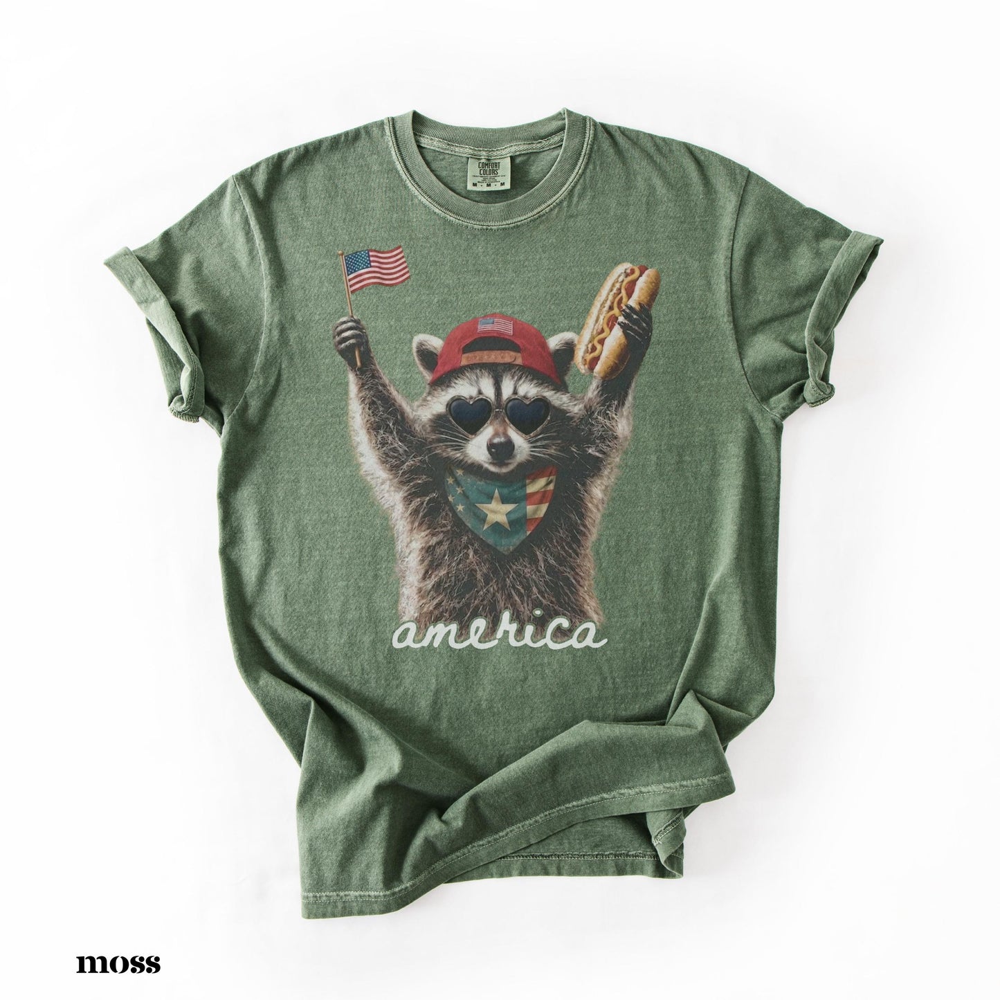 Comfort Colors® America Raccoon Hot Dog Shirt, Kids 4th of July Raccoon Shirt, Patriotic American Flag Tee, Women's Retro USA Animal T-Shirt