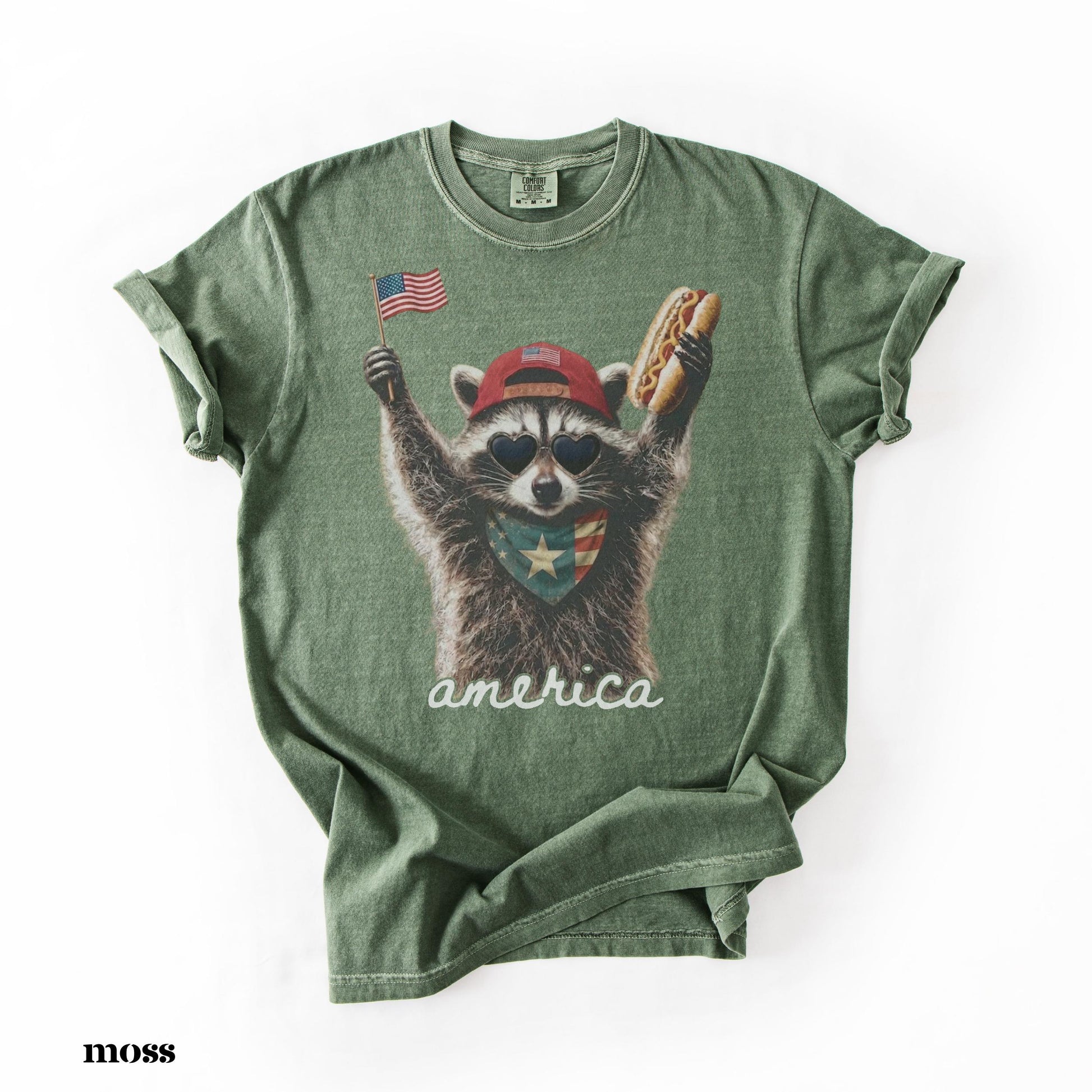 Comfort Colors® America Raccoon Hot Dog Shirt, Kids 4th of July Raccoon Shirt, Patriotic American Flag Tee, Women's Retro USA Animal T-Shirt