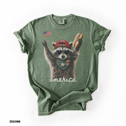 Comfort Colors® America Raccoon Hot Dog Shirt, Kids 4th of July Raccoon Shirt, Patriotic American Flag Tee, Women's Retro USA Animal T-Shirt