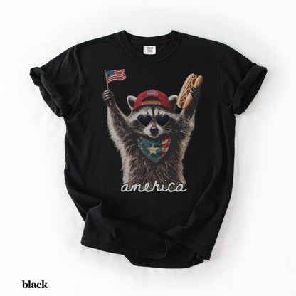 Comfort Colors® America Raccoon Hot Dog Shirt, Kids 4th of July Raccoon Shirt, Patriotic American Flag Tee, Women's Retro USA Animal T-Shirt