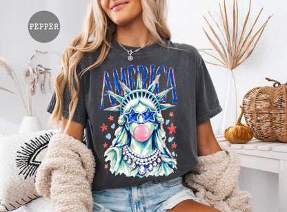 America Statue of Liberty Shirt, Patriotic Bubble Gum Tee, 4th of July USA Shirt, Cute Liberty Graphic Tee, Summer America Tee