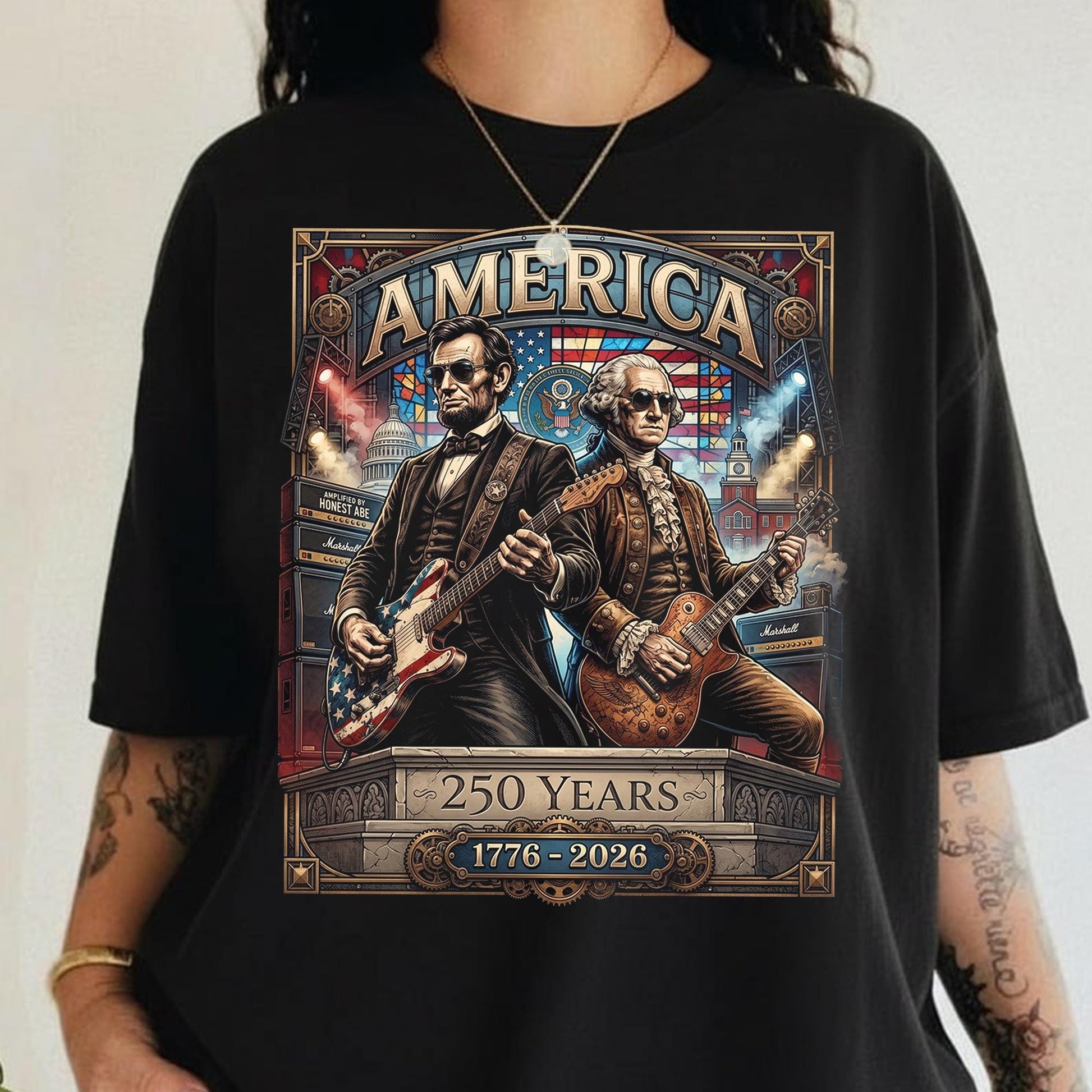 250 Years America Anniversary shirt, George Washington & Lincoln Playing Guitar, Funny 4th of July , Abe Lincoln 250th