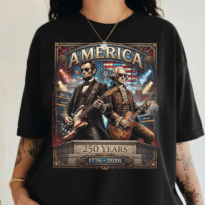 250 Years America Anniversary shirt, George Washington & Lincoln Playing Guitar, Funny 4th of July , Abe Lincoln 250th