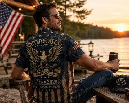 1776–2026 American Eagle Hawaiian Shirt, 250th Anniversary USA Shirt, Proud To Be An American Button Up, Patriotic Independence Day Gift